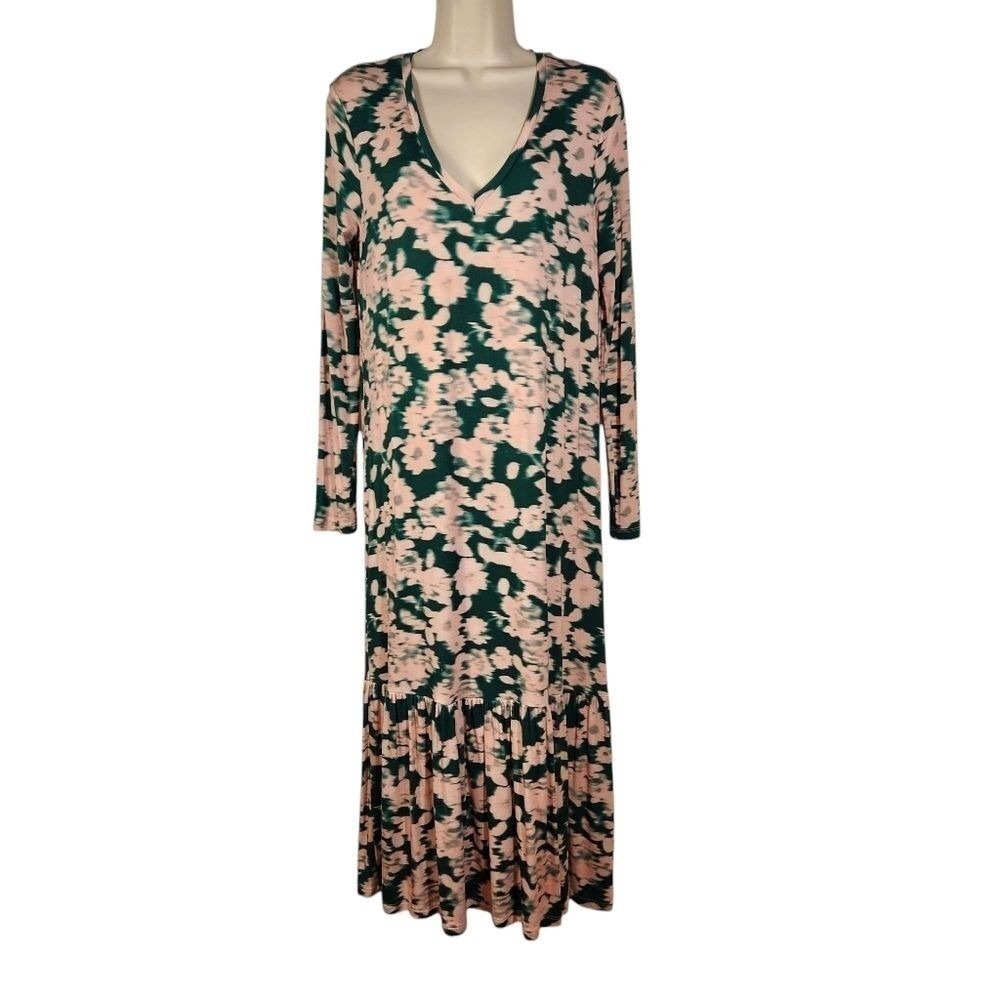 Saint + Sofia Floral Maxi Dress Size 4 Pink Green Stretch European Lagenlook